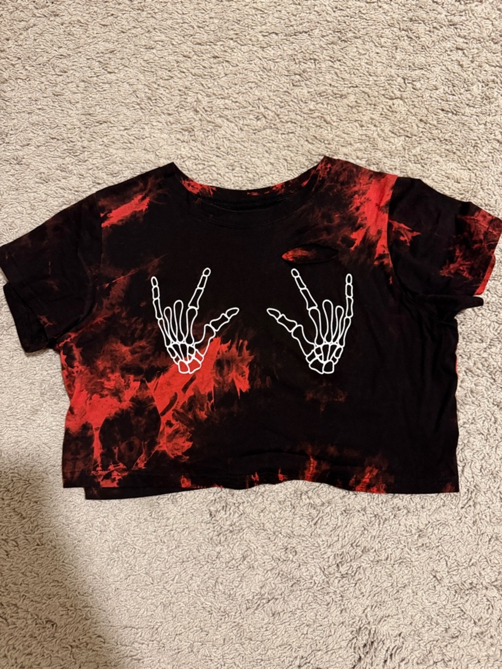 Kids Black & Red Tie-Dye Skeleton Hand Crop Tee